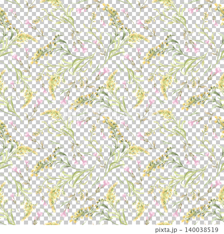 Watercolor seamless pattern with wildflower meadow grass and pink blossoms. Spring floral background. Summer fresh botanical repeat for textile design. Neutral beauty flowers print hand painted. Watercolor seamless pattern with wildflower meadow grass and pink blossoms. Spring floral background. Summer fresh botanical repeat for textile design. Neutral beauty flowers print hand painted. 140038519