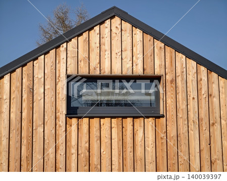 Modern wooden exterior. Scandinavianinspired structure featuring horizontal planks and clean lines Modern wooden exterior. Scandinavianinspired structure featuring horizontal planks and clean lines 140039397