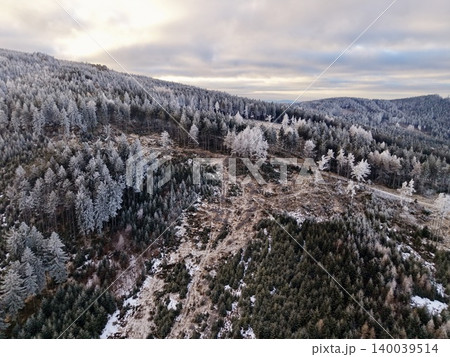 Quiet ridge vantage point showcasing frostcovered trees and layered hills stretching into wintry blue horizon Quiet ridge vantage point showcasing frostcovered trees and layered hills stretching into wintry blue horizon 140039514