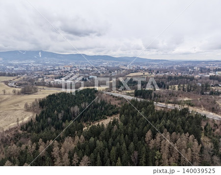 Urban edge behind lush trees. Border of forest with cityscape under cloudy sky creates contrast Urban edge behind lush trees. Border of forest with cityscape under cloudy sky creates contrast 140039525