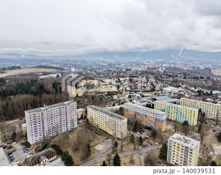 Cityscape overview perspective. Panoramic scene of urban development and landscape features observed Cityscape overview perspective. Panoramic scene of urban development and landscape features observed 140039531