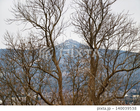 Calm frostcovered mountain view. Quiet icy mountain landscape surrounded by leafless trees and snow Calm frostcovered mountain view. Quiet icy mountain landscape surrounded by leafless trees and snow 140039538