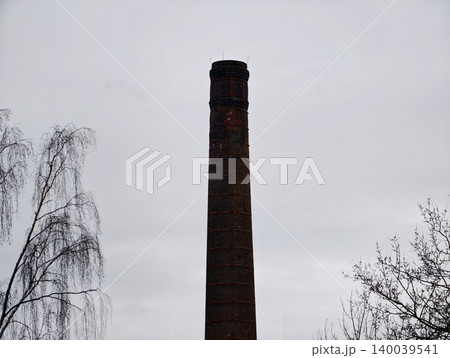 Minimal composition depicting weathered chimney surrounded by leafless branches and overcast sky 140039541