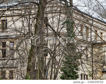 Historic building charm. Elegant classical facade covered in ivy with prominent sash windows and aged masonry Historic building charm. Elegant classical facade covered in ivy with prominent sash windows and aged masonry 140039550