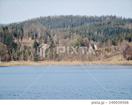 Peaceful view of forested lake scene. Serene waters bordered by forests and distant houses 140039566