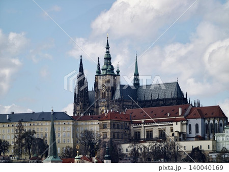 City skyline view. Skyline features historic fortifications alongside church towers and red rooftops 140040169
