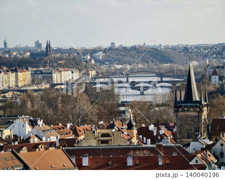 Series of arch bridges crossing water with skyline and tower views capturing dynamic depth Series of arch bridges crossing water with skyline and tower views capturing dynamic depth 140040196