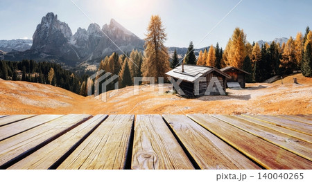 Wooden deck foreground of the top Tofana di Rozes and Cinque Torri range in Dolomites, South Tyrol. Location Cortina d'Ampezzo, Italy, Europe. Beauty of autumn and first frost snow on mountains world. Wooden deck foreground of the top Tofana di Rozes and Cinque Torri range in Dolomites, South Tyrol. Location Cortina d'Ampezzo, Italy, Europe. Beauty of autumn and first frost snow on mountains world. 140040265