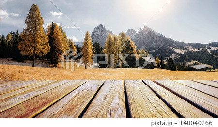 Wooden deck foreground Great view of the top Tofana di Rozes and Cinque Torri range in Dolomites, South Tyrol. Location Cortina d'Ampezzo, Italy, Europe. 140040266