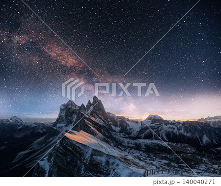 Seceda mountain, winter night scene of majestic nature, beautiful touristic place. Starry sky and milky way and galaxy landscape 140040271