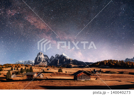 Panorama of Alpe di Siusi, Seiser Alm, view of majestic dolomites, mountains background. Panorama of Alpe di Siusi, Seiser Alm, view of majestic dolomites, mountains background. 140040273