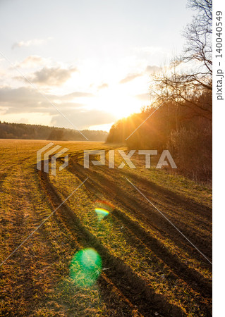 Golden hour light bathes a country field with prominent tire tracks leading into a lush forest. Sunbeams pierce through, creating a warm, tranquil rural scene Golden hour light bathes a country field with prominent tire tracks leading into a lush forest. Sunbeams pierce through, creating a warm, tranquil rural scene 140040549