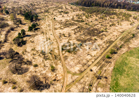 Aerial view of a winding dirt road snaking through dry, sparse spring fields. Bare trees and scattered green patches dot the sun-drenched landscape 140040628