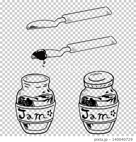 一組手繪單色線條藝術插圖,描繪了果醬罐、果醬和黃油刀。 一組手繪單色線條藝術插圖,描繪了果醬罐、果醬和黃油刀。 140040729