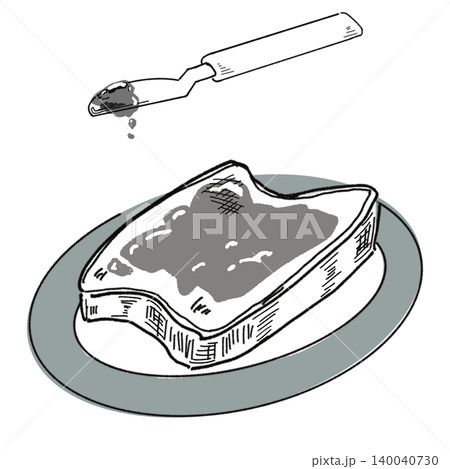 ジャムが塗られた食パントーストとバターナイフのモノクロの手描き線画イラスト ジャムが塗られた食パントーストとバターナイフのモノクロの手描き線画イラスト 140040730