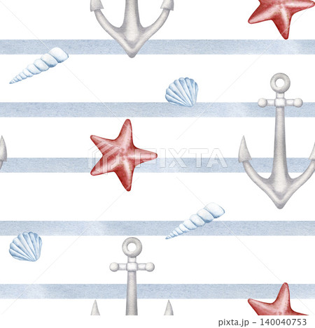 Watercolor seamless pattern with nautical elements like anchors, starfish, and sea shells on blue stripes. Hand drawn marine design for summer textile, gift wrapping paper and beach-themed stationery. Watercolor seamless pattern with nautical elements like anchors, starfish, and sea shells on blue stripes. Hand drawn marine design for summer textile, gift wrapping paper and beach-themed stationery. 140040753