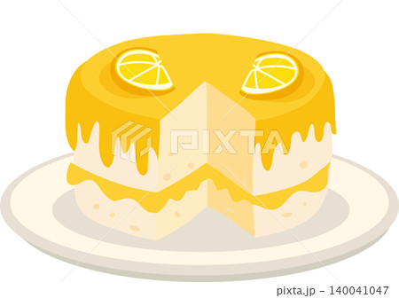 Lemon Cake Illustration with Citrus Glaze and Lemon Slices on Plate Lemon Cake Illustration with Citrus Glaze and Lemon Slices on Plate 140041047