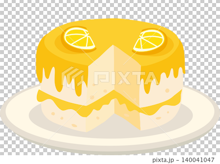 Lemon Cake Illustration with Citrus Glaze and Lemon Slices on Plate Lemon Cake Illustration with Citrus Glaze and Lemon Slices on Plate 140041047