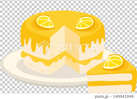 Lemon Cake Dessert with Yellow Icing and Sliced Citrus on Plate 140041049