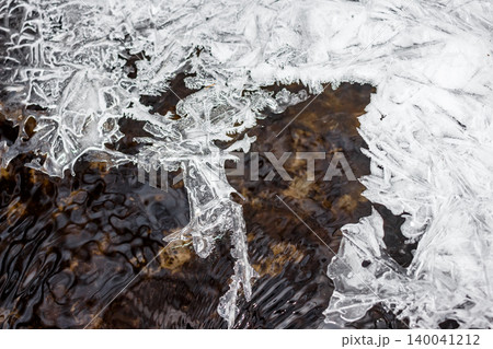 Detailed ice formations line the edge of a brisk stream. Clear crystals contrast with dark, flowing water, depicting winter's grip Detailed ice formations line the edge of a brisk stream. Clear crystals contrast with dark, flowing water, depicting winter's grip 140041212