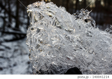 Glistening, jagged ice chunk, frosty and clear, reflecting light against a blurred winter forest. Sharp crystalline textures show nature's raw beauty Glistening, jagged ice chunk, frosty and clear, reflecting light against a blurred winter forest. Sharp crystalline textures show nature's raw beauty 140041214