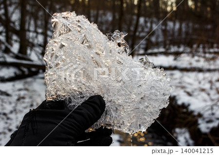 A gloved hand cradles a shimmering piece of ice, showcasing intricate patterns against a blurred wintry forest backdrop. Melting ice drips 140041215