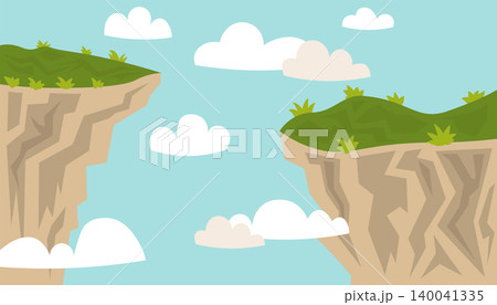 Flat cartoon landscape of two grassy cliffs under a blue sky with white clouds. 140041335