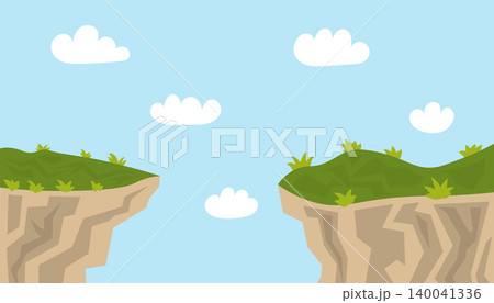 Flat cartoon landscape of two grassy cliffs facing each other under a blue sky. Flat cartoon landscape of two grassy cliffs facing each other under a blue sky. 140041336