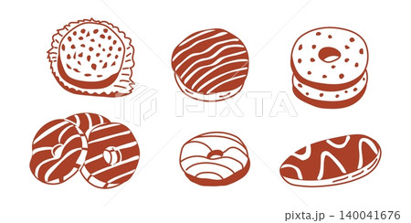 Illustration of assorted donuts including glazed, chocolate, and cream-filled varieties displayed on a white background with simple line art style 140041676