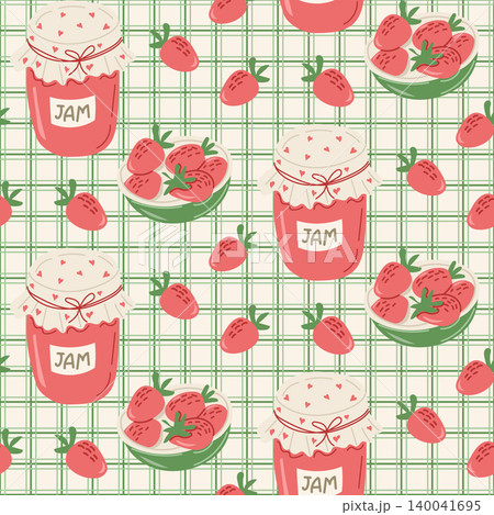 Colorful illustration of jam jars and strawberries arranged in a repeating pattern on a checkered background, ideal for various design applications Colorful illustration of jam jars and strawberries arranged in a repeating pattern on a checkered background, ideal for various design applications 140041695