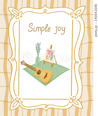Illustration featuring a guitar, a vase with flowers, and an easel on a green mat, all set within a decorative border with the phrase Simple Joy Illustration featuring a guitar, a vase with flowers, and an easel on a green mat, all set within a decorative border with the phrase Simple Joy 140041696