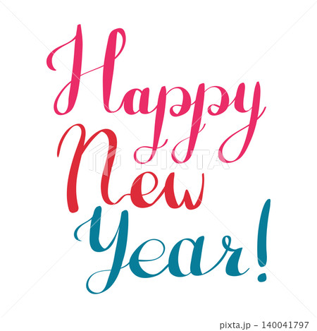 Happy New Year colorful calligraphy in pink, red, and blue colors on a white background. This festive lettering is perfect for holiday greeting cards, invitations, and seasonal marketing. 140041797
