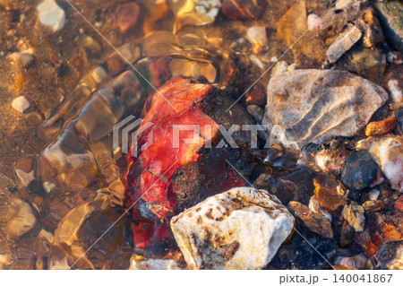 Striking red flint fragment submerged in clear river water, gleaming amongst diverse riverbed stones. Natural beauty and unique geology close-up Striking red flint fragment submerged in clear river water, gleaming amongst diverse riverbed stones. Natural beauty and unique geology close-up 140041867