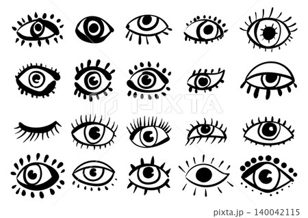 Set features abstract sketch eye icons with long lashes isolated on a white background. Set features abstract sketch eye icons with long lashes isolated on a white background. 140042115