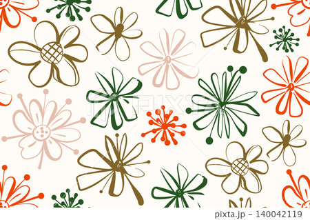 Seamless pattern features colorful retro sloppy sketch flowers with abstract petals on a beige background. Seamless pattern features colorful retro sloppy sketch flowers with abstract petals on a beige background. 140042119