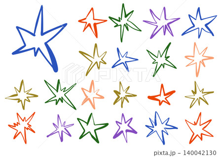 Set features colorful sketch star doodles isolated on a white. 140042130