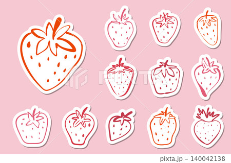 Sticker set features colorful hand-drawn strawberry icons with white borders on a pink background. Sticker set features colorful hand-drawn strawberry icons with white borders on a pink background. 140042138