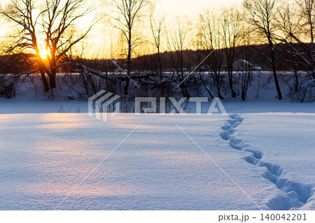 Winding footprints across pristine snow under a dazzling golden sunset, a tranquil winter scene beckons quiet exploration and serene beauty 140042201