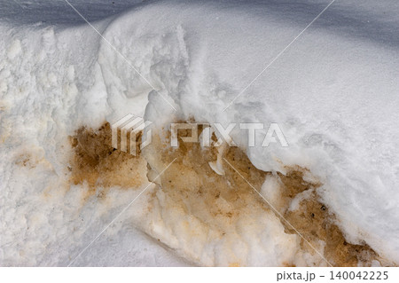 A vivid contrast between crisp white winter snow and dark, mud-stained roadside slush. Grimy melting snow juxtaposed with pristine flakes A vivid contrast between crisp white winter snow and dark, mud-stained roadside slush. Grimy melting snow juxtaposed with pristine flakes 140042225