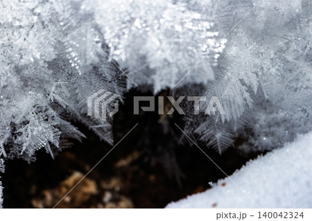 Mesmerizing macro of delicate feathery hoarfrost crystals glistening under winter light. Intricate icy patterns clinging to a cold stream bank, revealing nature's fragile beauty Mesmerizing macro of delicate feathery hoarfrost crystals glistening under winter light. Intricate icy patterns clinging to a cold stream bank, revealing nature's fragile beauty 140042324