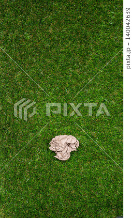 Vertical old recycled paper folded ripped on green grass texture. 140042639
