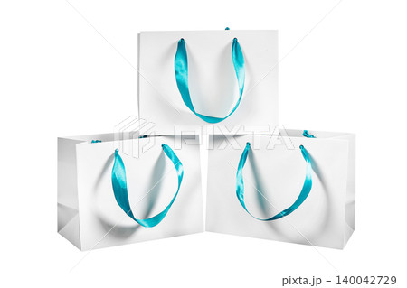 Recyclable craft paper bag for purchases, gifts and takeaway food mock up on white background. Environmentally friendly than single-use plastic bags 140042729
