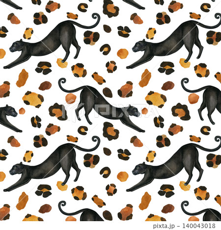 Seamless animal pattern. Panther with leopard spots. Hand-drawn watercolor illustration isolated on a white background. Watercolor wild cat illustration for textile design, wallpaper Seamless animal pattern. Panther with leopard spots. Hand-drawn watercolor illustration isolated on a white background. Watercolor wild cat illustration for textile design, wallpaper 140043018