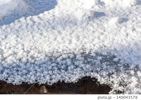 Brilliant white frost crystals meet dark water at the edge of a frozen stream, a crisp winter morning close-up, sunlit detail texture Brilliant white frost crystals meet dark water at the edge of a frozen stream, a crisp winter morning close-up, sunlit detail texture 140043578