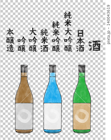 味のある日本酒の瓶3色と手がき文字(純米大吟醸、純米酒など)のイラストセット(背景透過) 味のある日本酒の瓶3色と手がき文字(純米大吟醸、純米酒など)のイラストセット(背景透過) 140043619