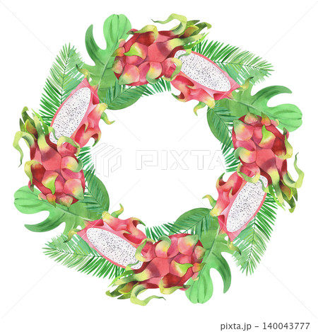 Wreath of the pitahaya, palm and monstera branches. Watercolor illustration. Handmade art work. For packaging design, cards, cover, prints, product labels and fabric. Wreath of the pitahaya, palm and monstera branches. Watercolor illustration. Handmade art work. For packaging design, cards, cover, prints, product labels and fabric. 140043777