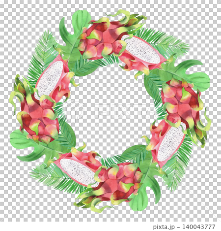 Wreath of the pitahaya, palm and monstera branches. Watercolor illustration. Handmade art work. For packaging design, cards, cover, prints, product labels and fabric. Wreath of the pitahaya, palm and monstera branches. Watercolor illustration. Handmade art work. For packaging design, cards, cover, prints, product labels and fabric. 140043777