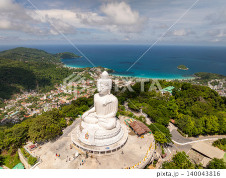 Aerial View drone shot of Big Buddha Statue on the high mountain at Phuket thailand 140043816