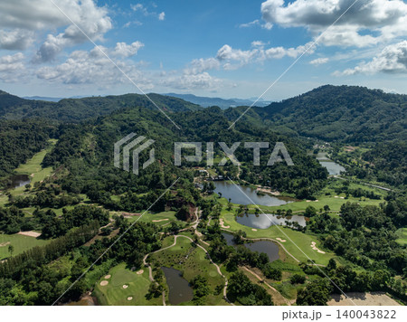 Aerial view drone shot of beautiful golf field in Phuket island Thailand 140043822