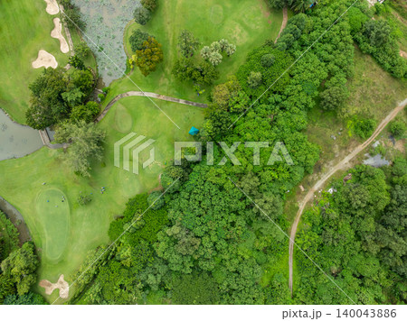 Aerial view drone shot of beautiful golf field in Phuket island Thailand 140043886